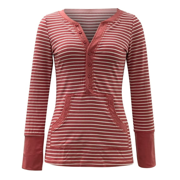 Kaemgyyd Tops for Women Trendy Long Sleeve V Neck Button T Shirt Casual Fashion Striped Tunic Tee with Pockets