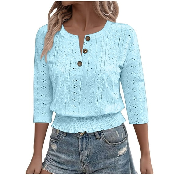 Kaemgyyd Tops for Women Trendy Summer Keyhole Embroidery 3/4 Length Sleeve Casual Blouses Cute V Neck Ruffle Hem Cropped Shirt