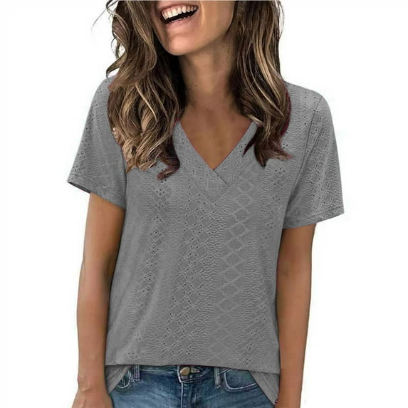 Kaemgyyd Tops for Women Trendy V Neck Casual Flowy Tunic Shirt Loose Fit Hollow out Short Sleeve Blouses Spring Summer Outfits