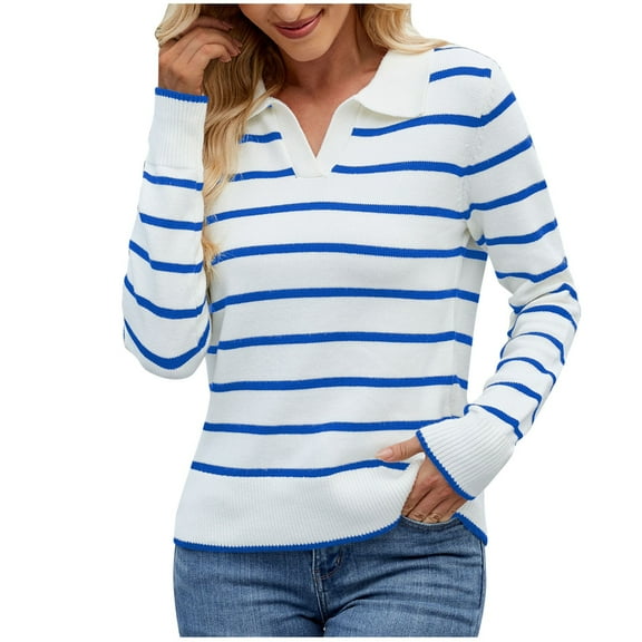 Kaemgyyd Tops for Women Trendy V Neck Long Sleeve Loose Stripe Sweaters Casual Fashion Lapel Knit Pullover Fall Clothes