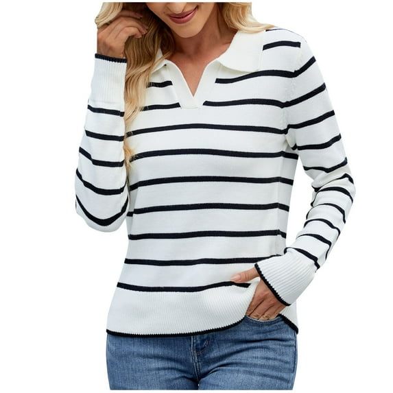 Kaemgyyd Tops for Women Trendy V Neck Long Sleeve Loose Stripe Sweaters Casual Fashion Lapel Knit Pullover Fall Clothes
