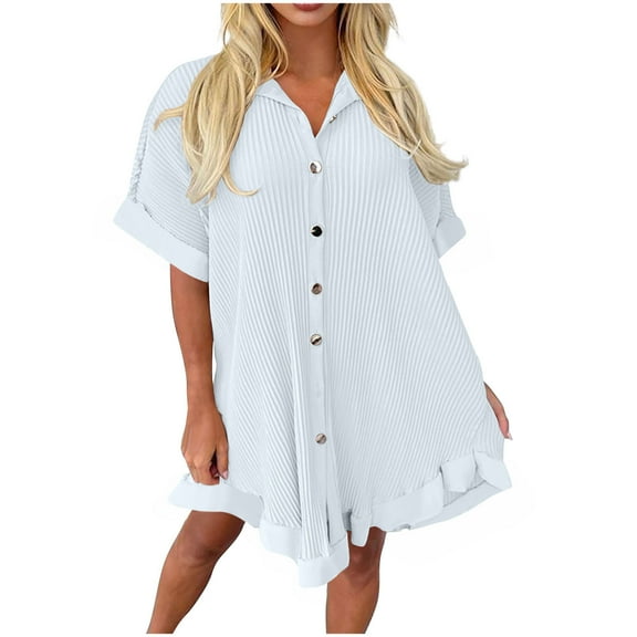 Kaemgyyd Tunic Shirt Mini Dress for Women Texture Short Sleeve Oversized Folwy Dress Button up Asymmetry Hem Dresses