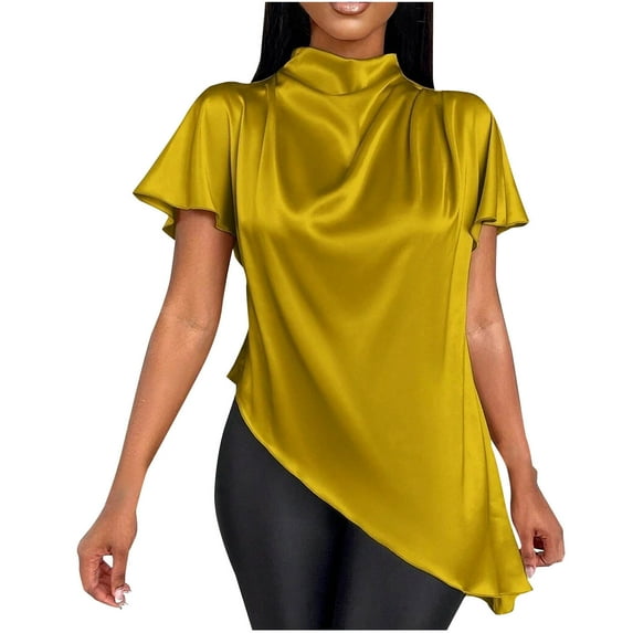 Kaemgyyd Tunic Tops for Women Satin Silk Short Sleeve Loose Dressy Blouse Casual Solid Color Mock Neck Flowy Shirts
