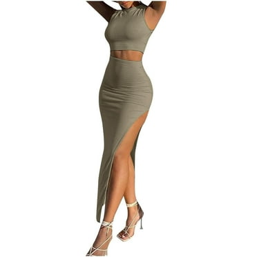 Kaemgyyd Two Piece Maxi Skirt Sets for Women Bodycon High Side Slit Skirt with Sleeveless Crop Tank Top Sets Fall Outfits