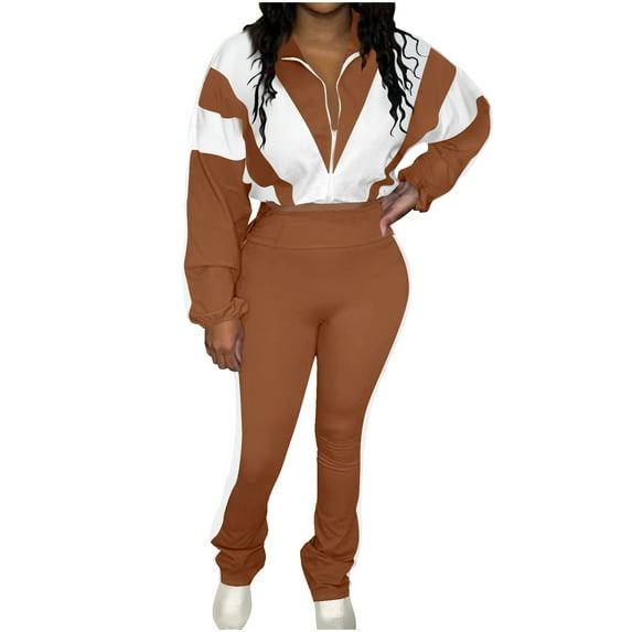 Kaemgyyd Two Piece Outfits for Women Fall Color Block Zip up Cropped Jacket High Waist Yoga Leggings Tracksuit Sweatsuit Matching Sets