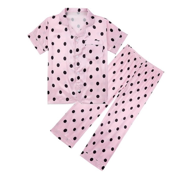 Kaemgyyd Unisex Kids Boys and Girls Pajama Sets Summer Short Sleeve Print Shirt with Pj Bottoms Sleepwear Silky Button down Loungewear