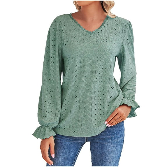 Kaemgyyd V Neck T Shirts for Women Plus-Size Lace Ruffle Long Sleeve Blouse Casual Hollow out Fashion Tunic Tops