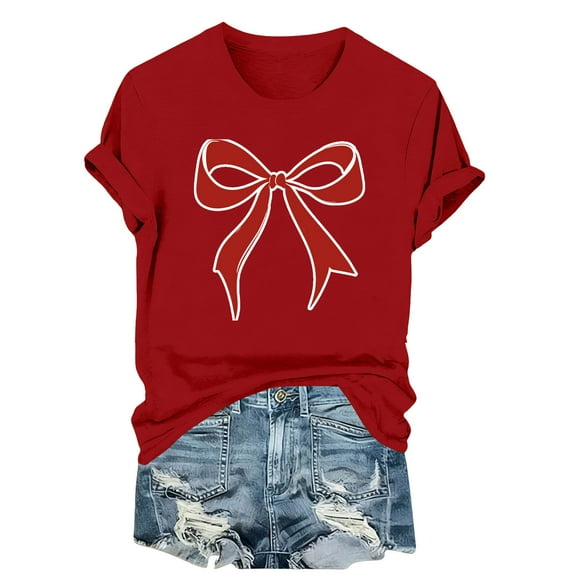 Kaemgyyd Valentine Shirts for Women Vintage Bow Printed T Shirt Rolled up Short Sleeve Valentines Gift Casual Tee Tops