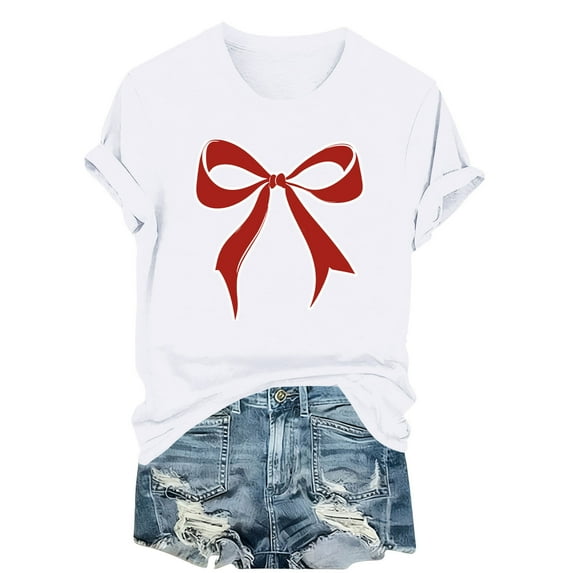 Kaemgyyd Valentine Shirts for Women Vintage Bow Printed T Shirt Rolled up Short Sleeve Valentines Gift Casual Tee Tops
