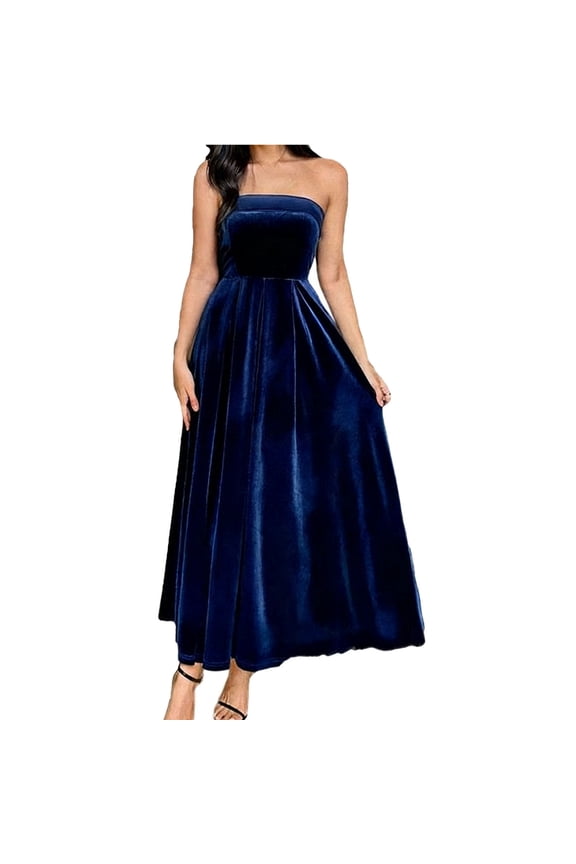Velvet Dress for Women Elegant off Shoulder Tube Cocktail Dresses Fashion Flowy A-Line Maxi Dress Wedding Guest Party Dress