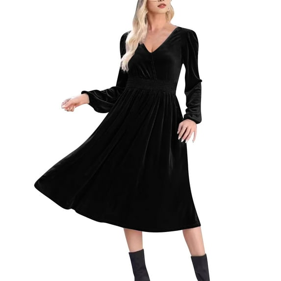 Kaemgyyd Wedding Guest Dresses for Women Elegant Long Sleeve Solid Midi Dress 2025 Spring Fall V Neck A-Line Flowy Dress