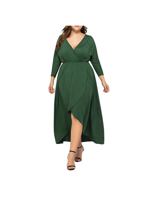 Wedding Guest Dresses for Women Plus Size Elegant Long Sleeve Wrap V Neck High Low Split Ruffle Cocktail Dress