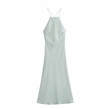 Kaemgyyd Wedding Guest Dresses for Women Satin Soft Halter Neck Sleeveless Maxi Dress Elegant Silk Solid Cocktail Party Dress