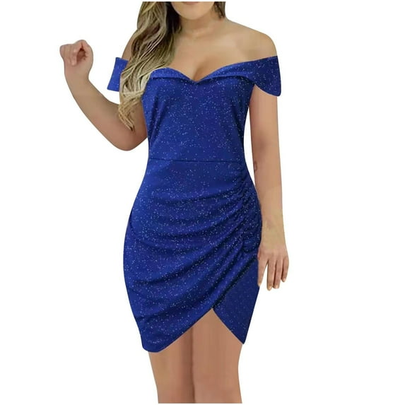 Kaemgyyd Wedding Guest Dresses for Women off Shoulder Ruched Bodycon Mini Dress Party Club Cocktail Short Dresses