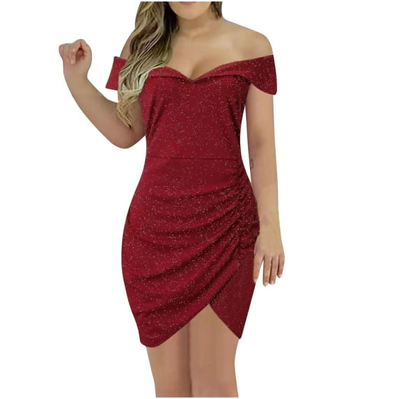 Kaemgyyd Wedding Guest Dresses for Women off Shoulder Ruched Bodycon Mini Dress Party Club Cocktail Short Dresses