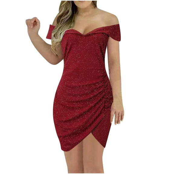 Kaemgyyd Wedding Guest Dresses for Women off Shoulder Ruched Bodycon Mini Dress Party Club Cocktail Short Dresses