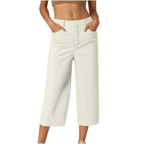 Kaemgyyd Wide Leg Capri Pants for Women Trendy Flowy Business Work Capris Classic Pull on Dress Pants with Pockets