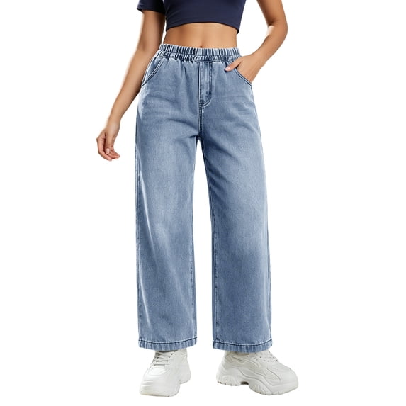 Kaemgyyd Wide Leg Jeans for Women Trendy Elastic High Waisted with Pockets Boyfriend Pants Casual Pull on Trouser