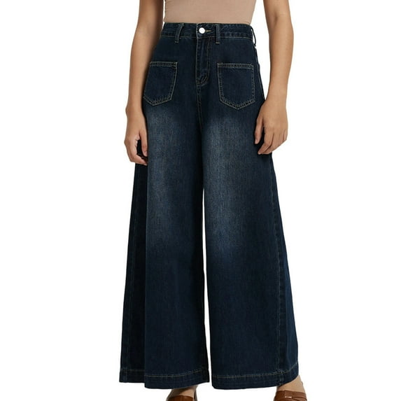 Kaemgyyd Wide Leg Jeans for Women Trendy High Waisted Stretchy Denim Pants 90s Palazzo Baggy Jeans Trouser with Pockets