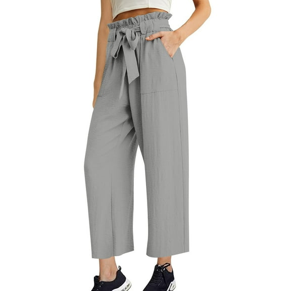 Kaemgyyd Wide Leg Pants Woman Tie Knot Paperbag Dress Pants Fashion High Waisted Work Slacks Cropped Trousers with Pockets