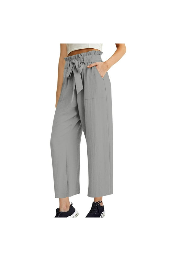 Wide Leg Pants Woman Tie Knot Paperbag Dress Pants Fashion High Waisted Work Slacks Cropped Trousers with Pockets