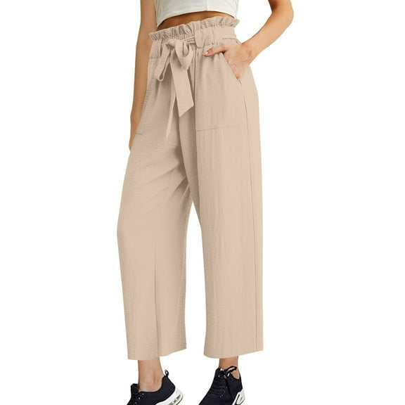 Kaemgyyd Wide Leg Pants Woman Tie Knot Paperbag Dress Pants Fashion High Waisted Work Slacks Cropped Trousers with Pockets