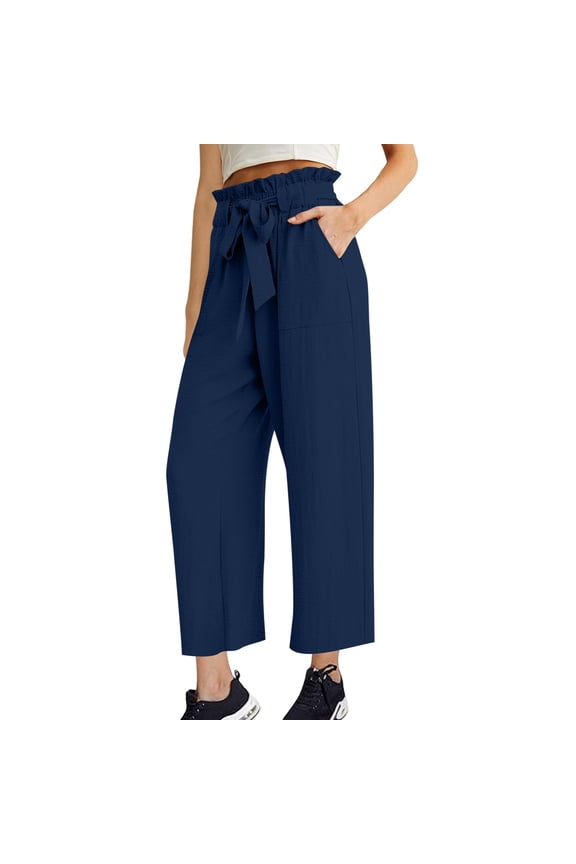 Wide Leg Pants Woman Tie Knot Paperbag Dress Pants Fashion High Waisted Work Slacks Cropped Trousers with Pockets