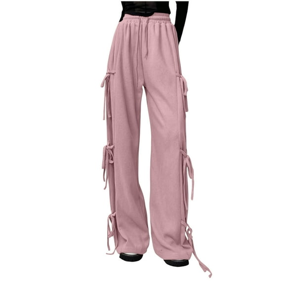Kaemgyyd Wide Leg Pants for Women Trendy Elastic Waist Dreawstring Tie up Trousers Casual Loose Going out Pants with Pockets