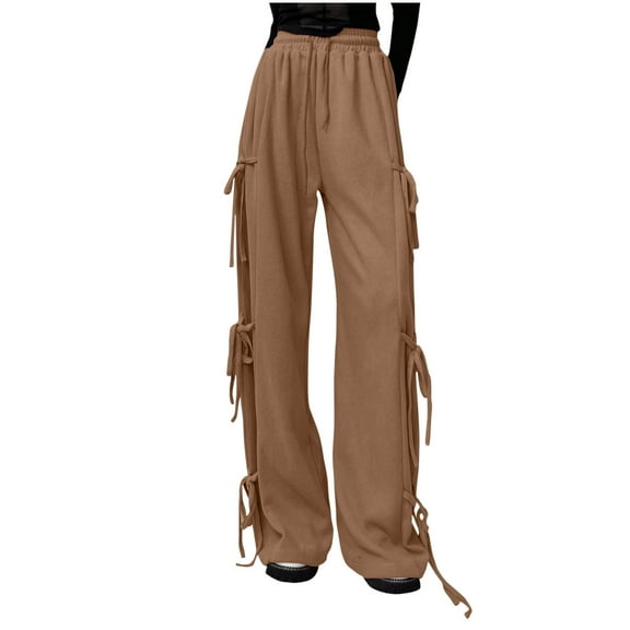 Kaemgyyd Wide Leg Pants for Women Trendy Elastic Waist Dreawstring Tie up Trousers Casual Loose Going out Pants with Pockets