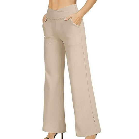 Kaemgyyd Wide Leg Pants for Women V Crossover Elastic High Waisted Work Trousers Solid Color Long Office Pants with Pockets