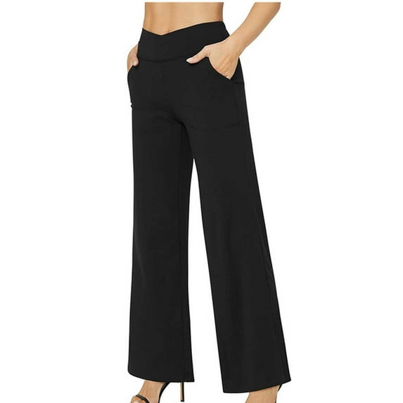 Kaemgyyd Wide Leg Pants for Women V Crossover Elastic High Waisted Work Trousers Solid Color Long Office Pants with Pockets
