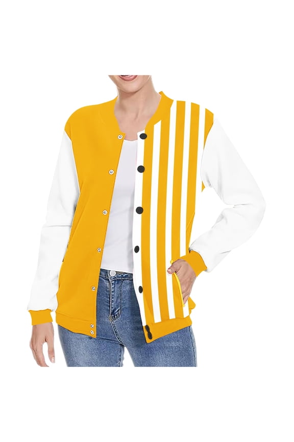 Winter Coats for Women Trendy Button down Lightweight Jacket Crew Neck Stripe Long Sleeve Outerwear with Pockets