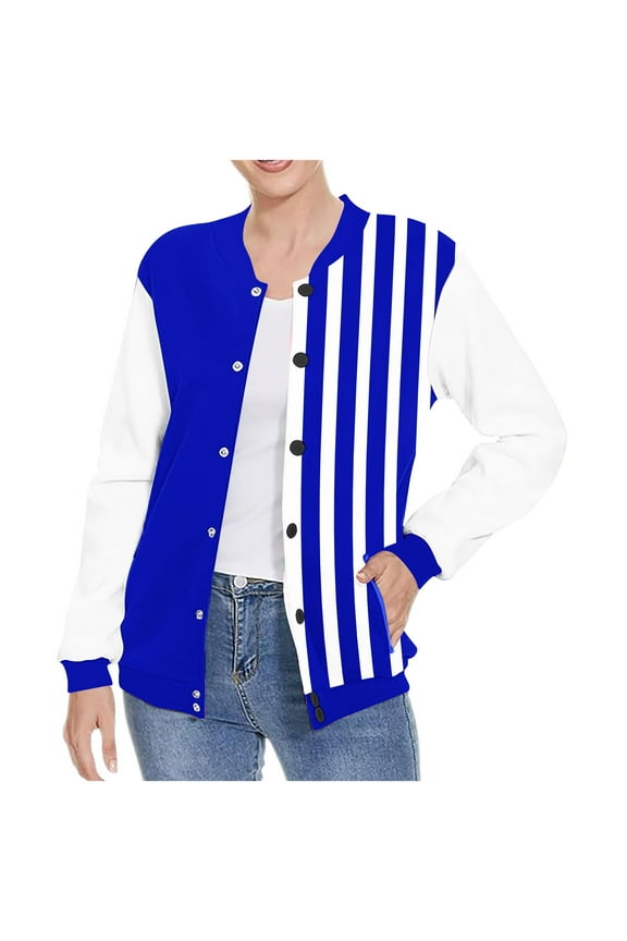 Winter Coats for Women Trendy Button down Lightweight Jacket Crew Neck Stripe Long Sleeve Outerwear with Pockets