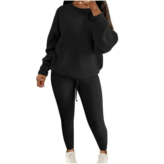 Kaemgyyd Women 2 Piece Lounge Sets Fall Outfits Plus Size Sweatsuits Loose Crew Neck Sweater Pullover Drawstring Leggings Knitwear Set
