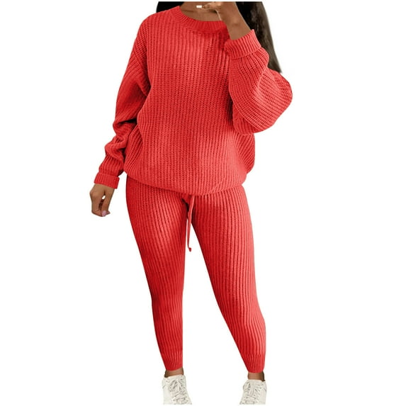 Kaemgyyd Women 2 Piece Lounge Sets Fall Outfits Plus Size Sweatsuits Loose Crew Neck Sweater Pullover Drawstring Leggings Knitwear Set
