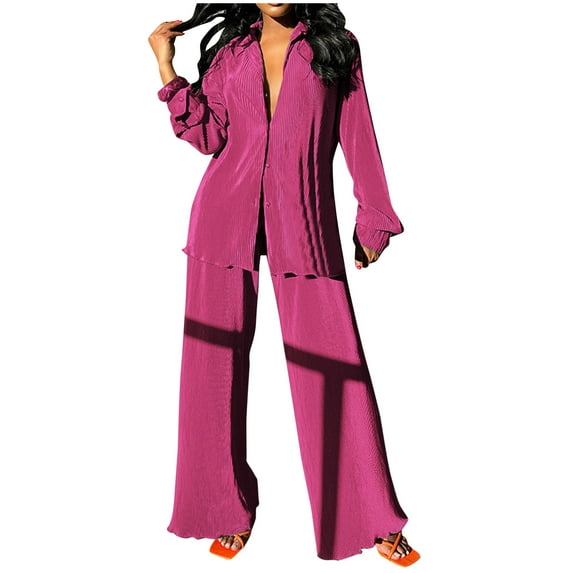 Kaemgyyd Women 2 Piece Outfits Casual Long Sleeve Loose Button down Shirts Blouses Tops Wide Leg Long Pants Sets Streetwear