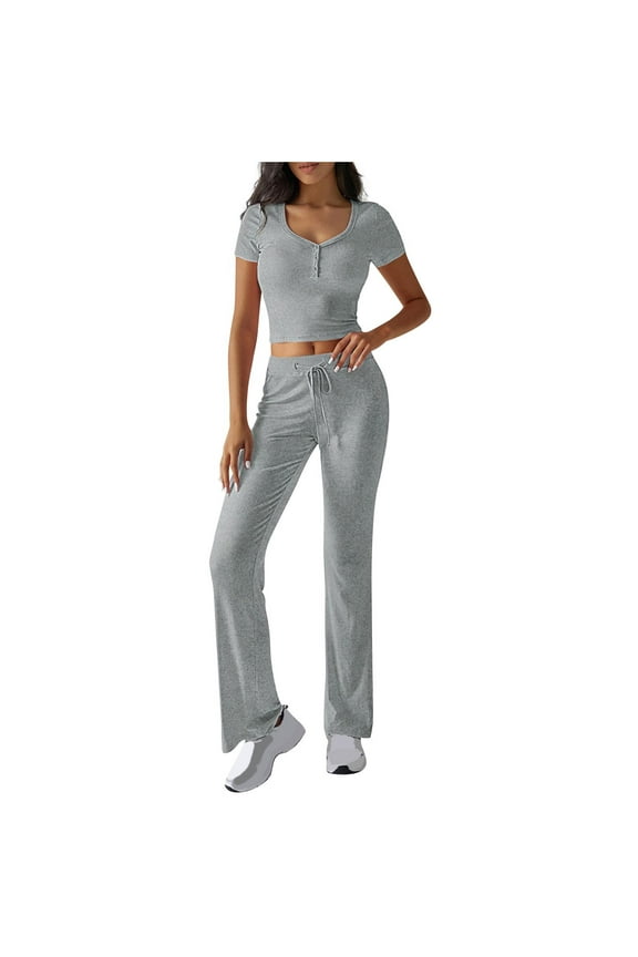 Women 2 Piece Outfits Slim Button V Neck Short Sleeve Top and Drawstring Flare Pants Lounge Sets Tracksuit