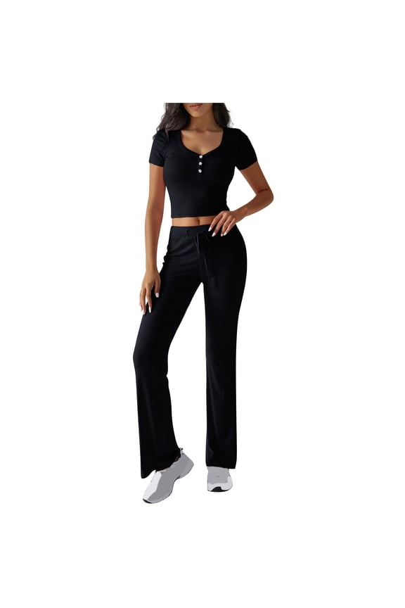 Women 2 Piece Outfits Slim Button V Neck Short Sleeve Top and Drawstring Flare Pants Lounge Sets Tracksuit