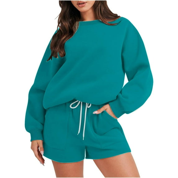 Kaemgyyd Women 2 Piece Outfits Sweatsuit Loose Sweatshirt Drawstring Pockets Shorts Lounge Sets Fashion Tracksuit Matching Sets