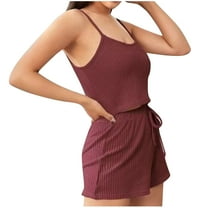 Kaemgyyd Women 2 Piece Pajama Set Sleeveless Crop Cami Top and Drawstring Shorts Pj Set Sleepwear Lounge Outfits