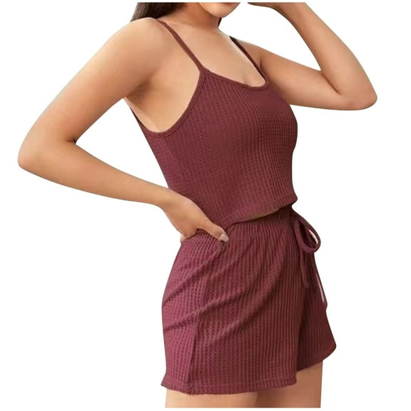 Kaemgyyd Women 2 Piece Pajama Set Sleeveless Crop Cami Top and Drawstring Shorts Pj Set Sleepwear Lounge Outfits