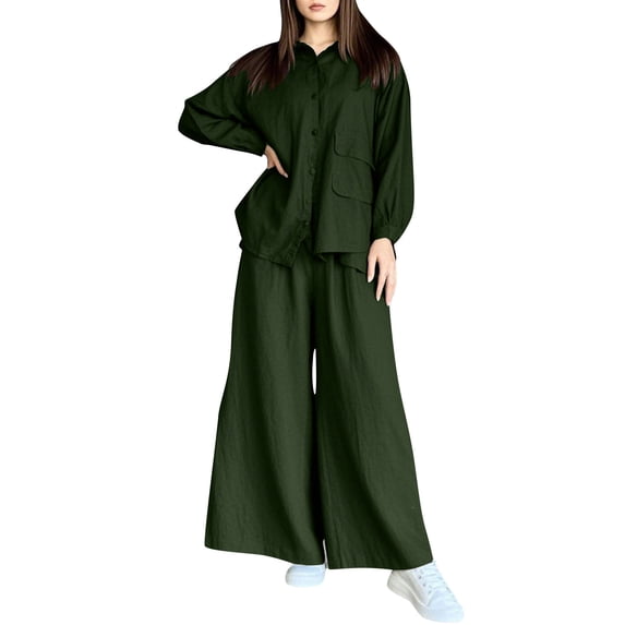Kaemgyyd Women 2 Piece Set Fall Outfit Loose Long Sleeve Button down Shirt and Wide Leg Pants Lounge Sets Beach Vaction Streetwear