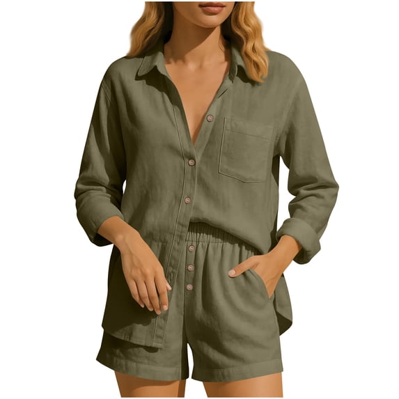 Kaemgyyd Women 2 Piece Set Linen Outfits Summer Casual Long Sleeve Button down Shirt and Shorts with Pocket Lounge Sets Streetwear