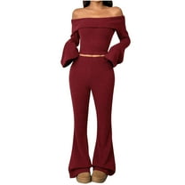 Kaemgyyd Women 2 Piece Set Spring Outfits Flare Long Sleeve off Shoulder Crop Top and Bell Bottoms Pants Set Rib Knit Lounge Sets