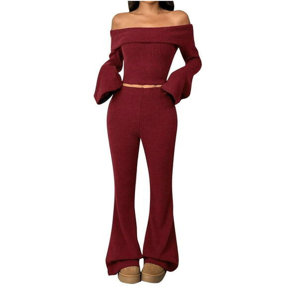 Kaemgyyd Women 2 Piece Set Spring Outfits Flare Long Sleeve off Shoulder Crop Top and Bell Bottoms Pants Set Rib Knit Lounge Sets
