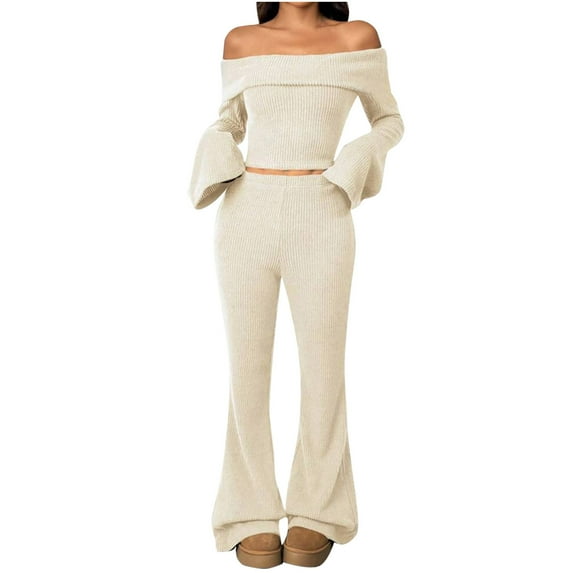 Kaemgyyd Women 2 Piece Set Spring Outfits Flare Long Sleeve off Shoulder Crop Top and Bell Bottoms Pants Set Rib Knit Lounge Sets