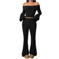 thumbnail image 1 of Kaemgyyd Women 2 Piece Set Spring Outfits Flare Long Sleeve off Shoulder Crop Top and Bell Bottoms Pants Set Rib Knit Lounge Sets, 1 of 6