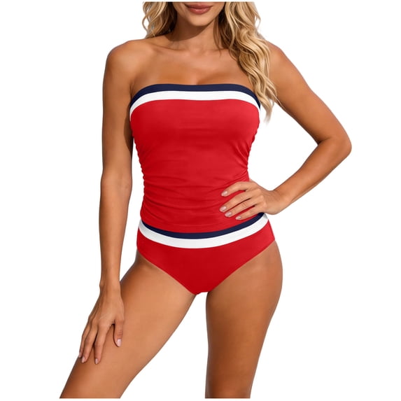 Kaemgyyd Women Bandeau Tankini with Bottoms Two Piece Strapless Bathing Suits Color Block Ruched Trendy Swimsuit Summer Swimwear