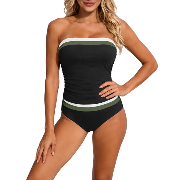 Kaemgyyd Women Bandeau Tankini with Bottoms Two Piece Strapless Bathing Suits Color Block Ruched Trendy Swimsuit Summer Swimwear