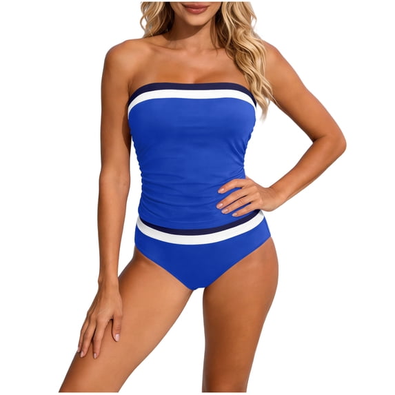 Kaemgyyd Women Bandeau Tankini with Bottoms Two Piece Strapless Bathing Suits Color Block Ruched Trendy Swimsuit Summer Swimwear
